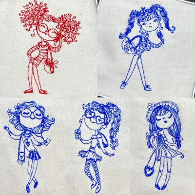 Lovely Friends Girls, 5 Variations, Line Art Machine Embroidery Design for 4x4 and 5x7 hoops