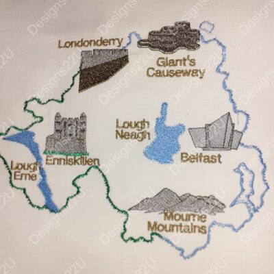 Northern Ireland Tourist Map with area icons Machine Embroidery Design 5x7, 6x8 and 8x10 hoops