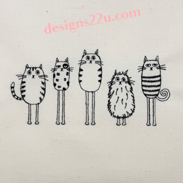 Line of 5 Comic Cats machine embroidery design for 5x7 hoop Quick Stitch out