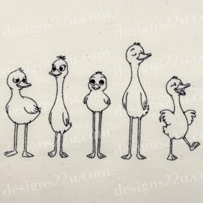 Line of 5 Comic Ducks machine embroidery design for 5x7 hoop Quick Stitch out