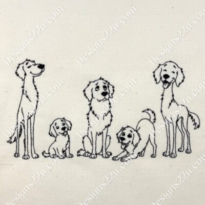 Line of 5 Comic Golden Retriever Dogs machine embroidery design for 5x7 hoop Quick Stitch out