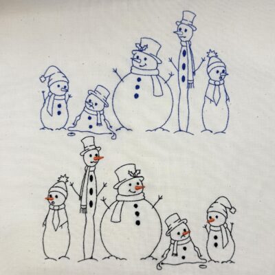 Line of 5 Comic Snowmen machine embroidery design for 5x7 hoop Quick Stitch out colour version included